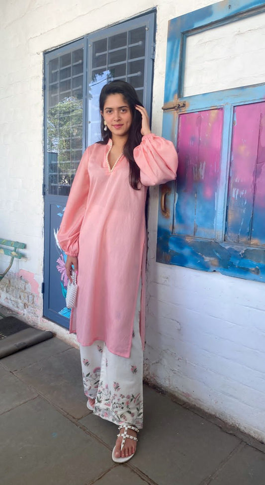 Chanderi Pink Kurta with  Beige Thread Work Pant