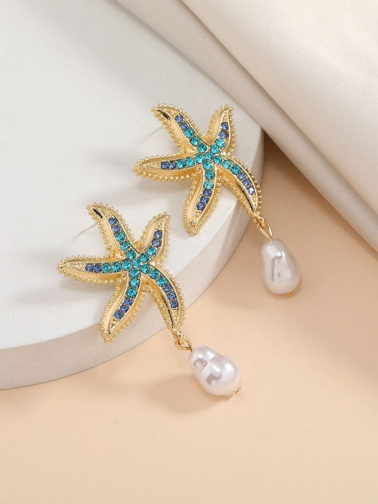 Rhinestone Starfish Pearl Drop Earrings
