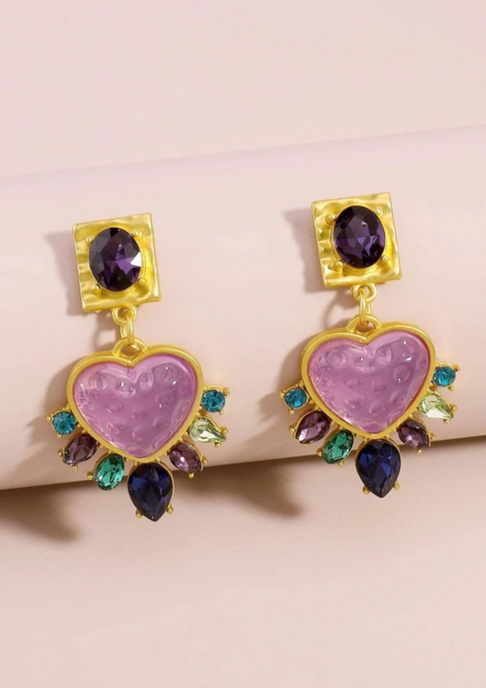 Purple Stone Heart Drop Earrings