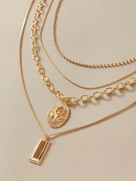 Layered  Rose & Geometric Charm Necklace