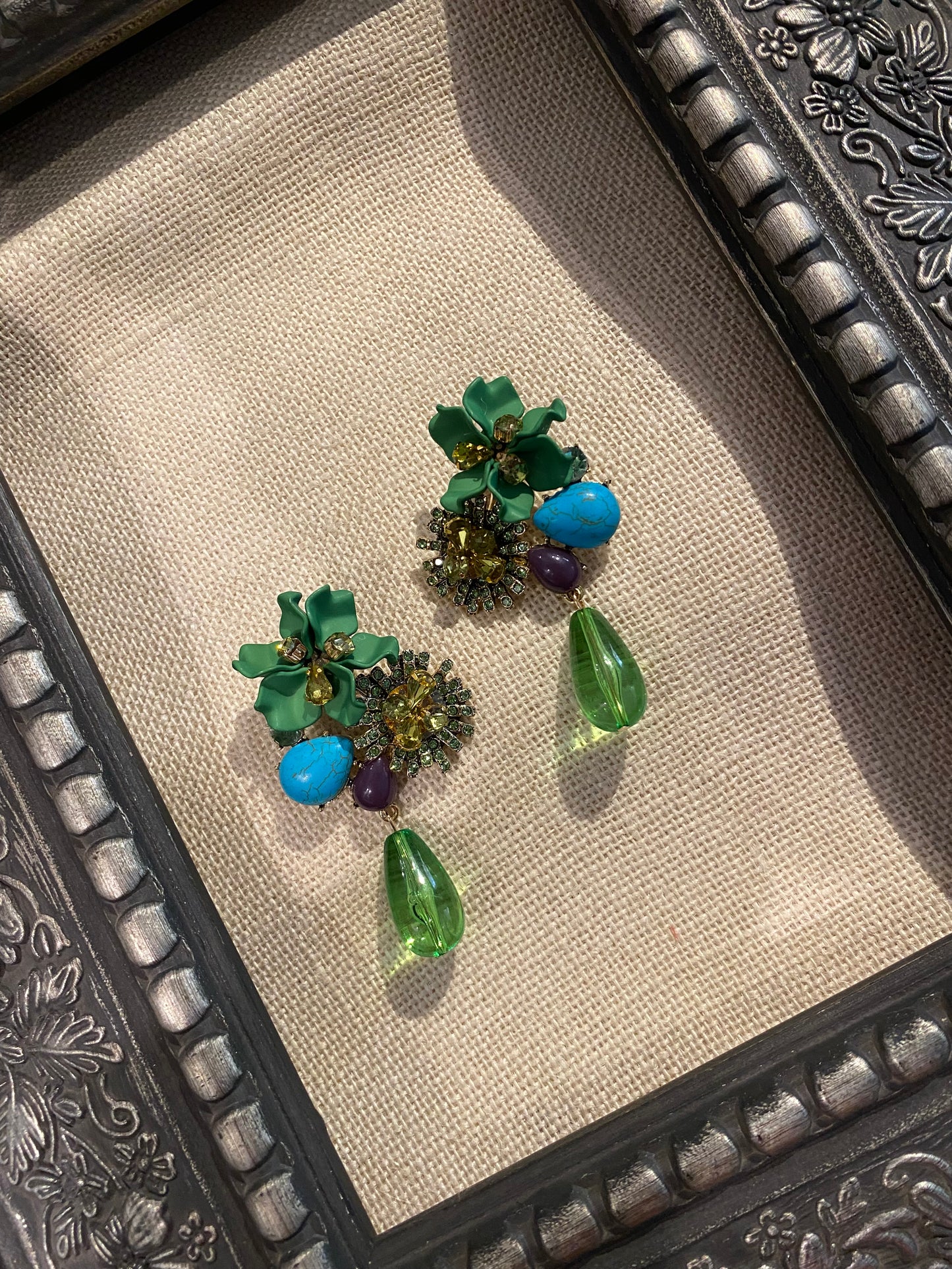 Green Floral Stone Drop Earrings