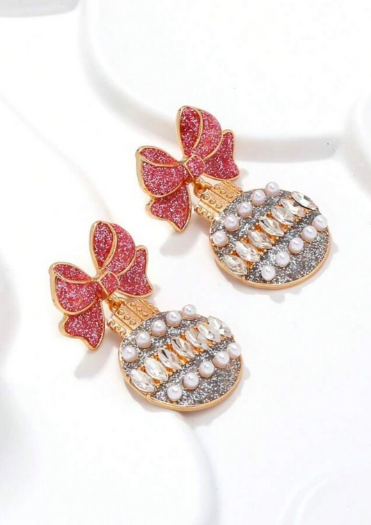 Pink Bow Stone Drop Earrings