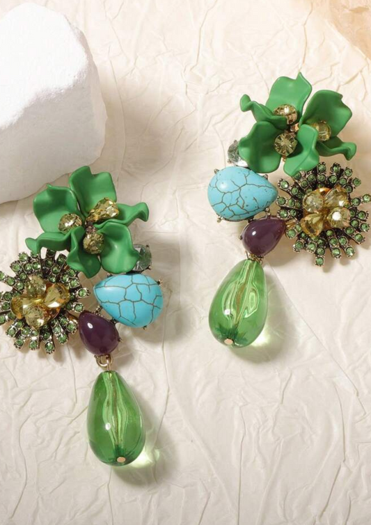 Green Floral Stone Drop Earrings