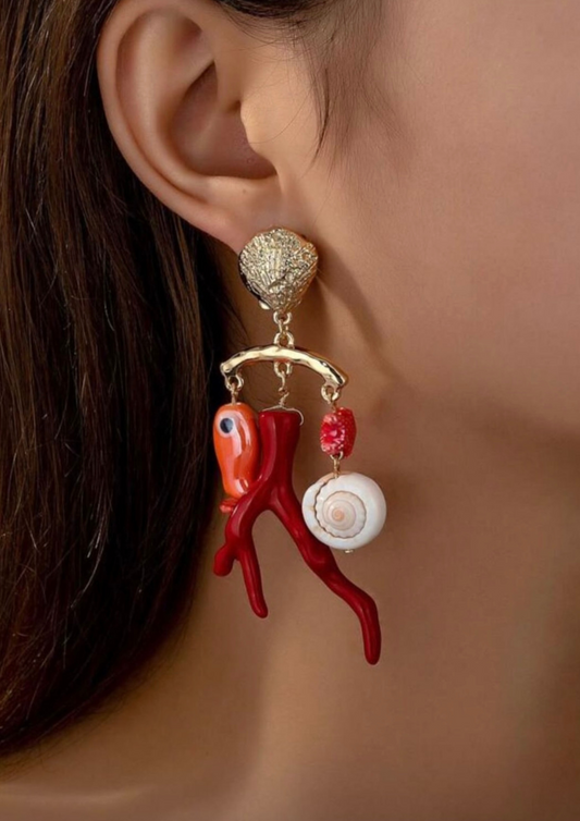 Red sea shell drop earrings
